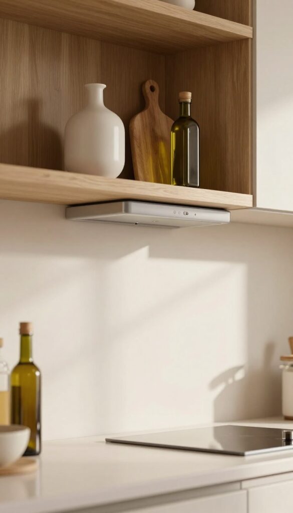 Modern kitchen range hood with a built-in wooden shelf styled with a vase, cutting board, and olive oil bottle in bright natural light