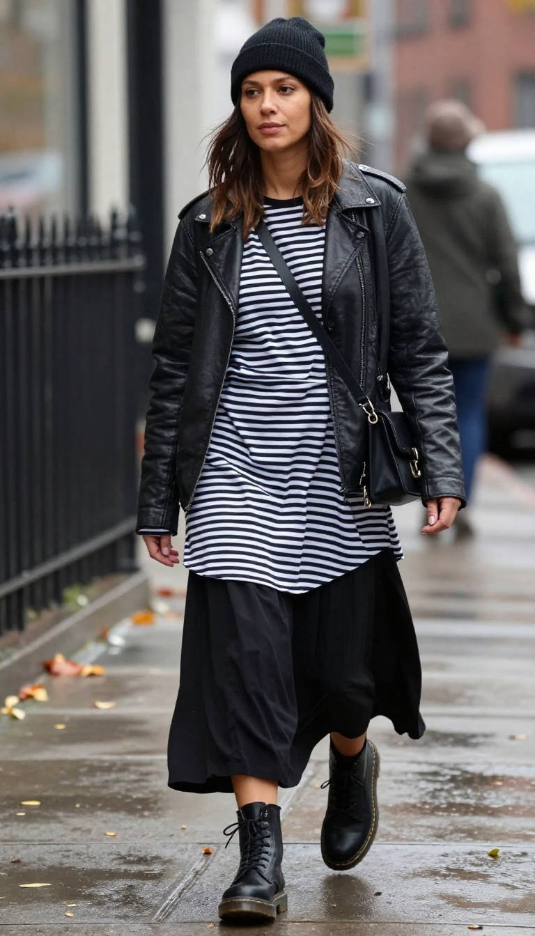 7. Black Maxi Skirt + Striped Long-Sleeve Tee + Dr. Martens