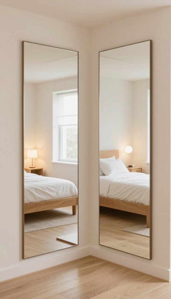 Bright modern bedroom corner with two tall frameless mirrors meeting at the wall edge, reflecting the bed and creating an illusion of extended space.