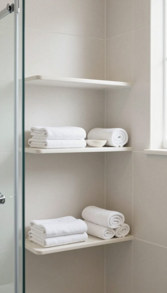 Compact corner shower with integrated recessed shelves holding neatly rolled towels in a small bright bathroom with light neutral tiles and a glass enclosure