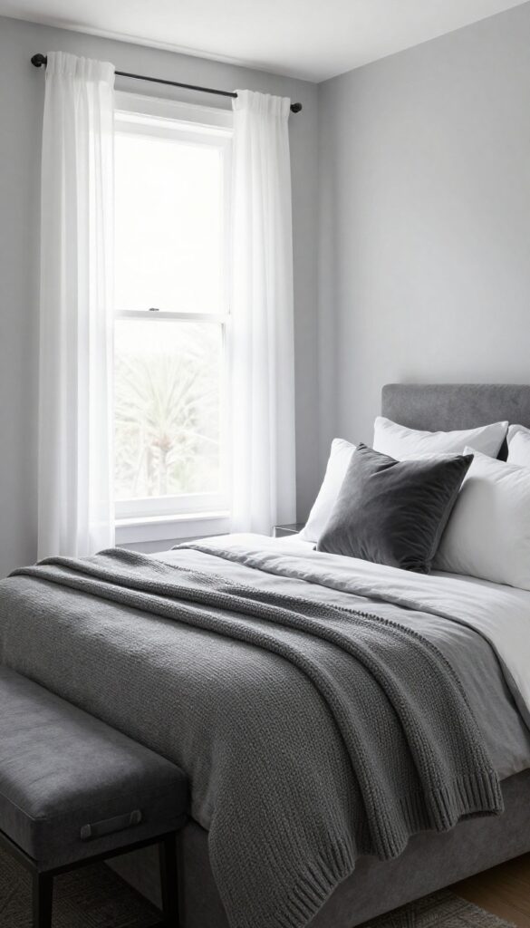 Bright photorealistic grey bedroom with light grey walls, medium grey bedding, charcoal accents, and white pillows layered for depth