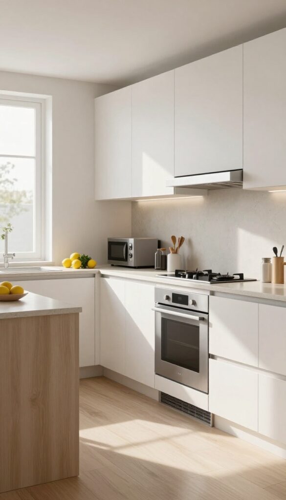 Bright narrow galley kitchen with compact counter-depth fridge, slim dishwasher, built-in oven, drawer microwave, induction cooktop, and low-profile vent hood fitting flush into the cabinetry.