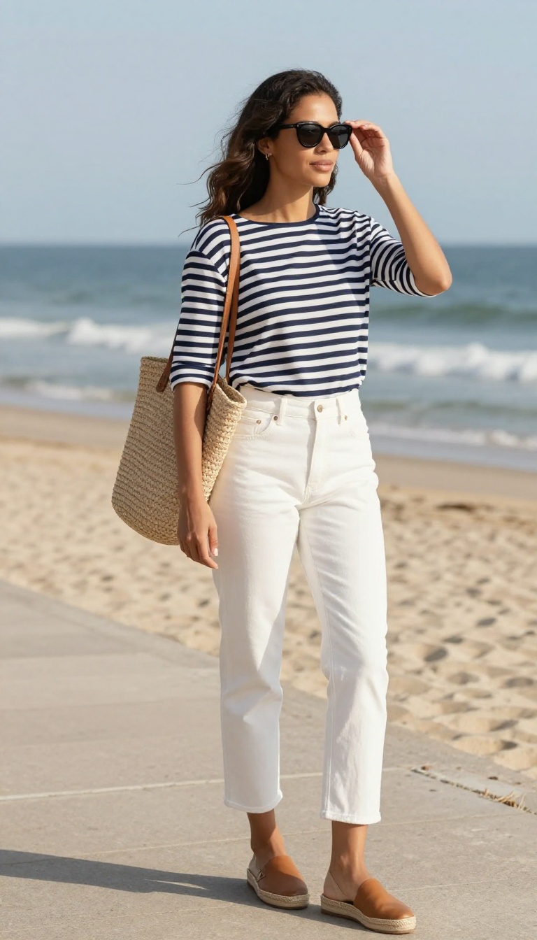 5. The Breton Stripe Top with White Cropped Jeans