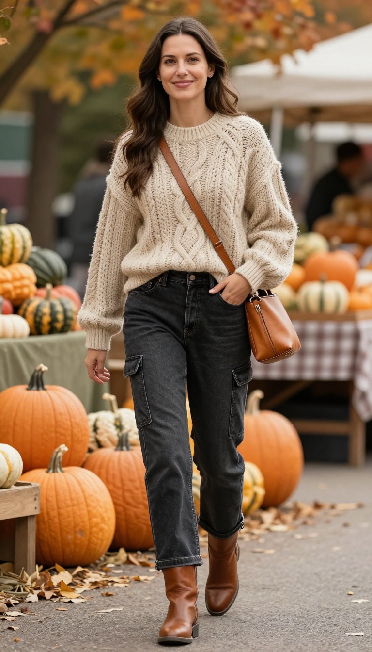 1. Cozy Cable Knit and Cargo Jeans