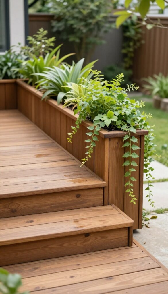 Backyard wooden deck with built-in planter boxes in the corners and along the railing, filled with trailing and upright greenery in bright natural light