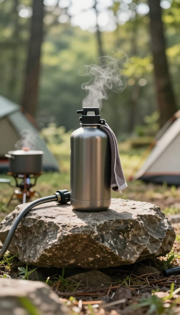 Insulated water jug wrapped in a towel beside a portable camping shower nozzle at a sunny forest campsite, with a camp stove and tent softly blurred in the background