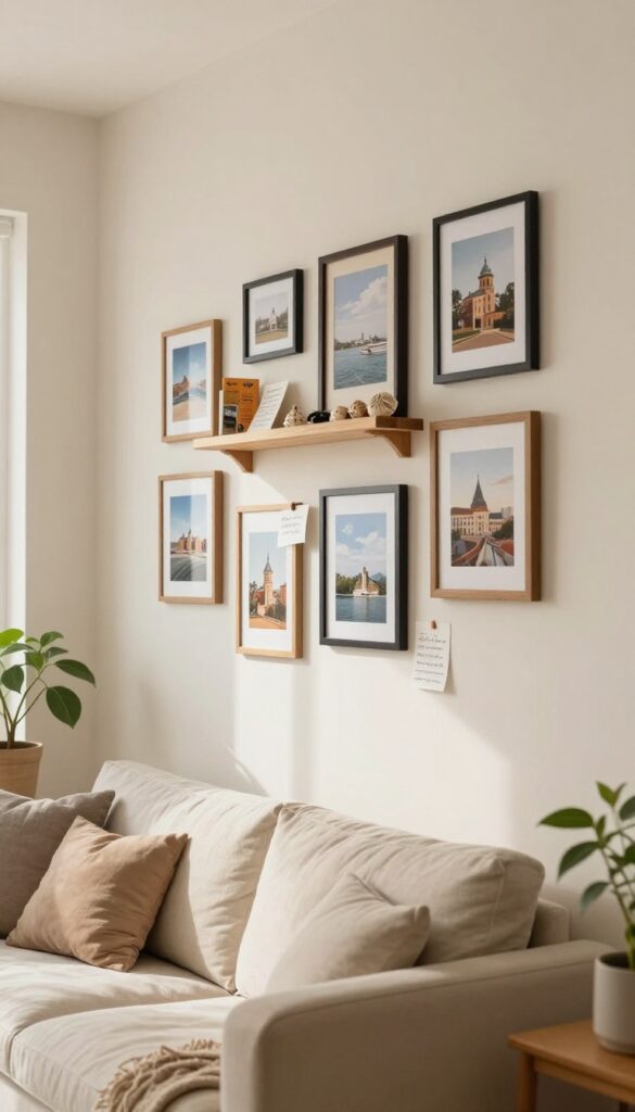 Bright living room gallery wall filled with framed travel photos, handwritten notes, ticket stubs, and small mementos arranged on a wooden ledge shelf above a linen sofa