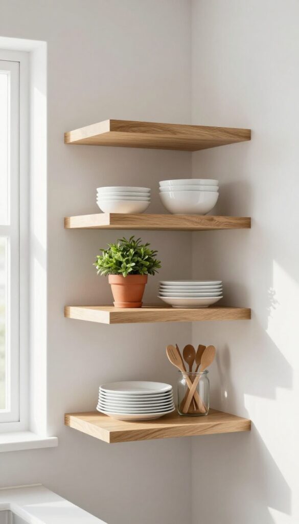 Three triangular wooden corner shelves in a bright kitchen corner holding plates, a jar of wooden utensils, a small potted plant, and stacked bowls, styled with an airy uncluttered look.