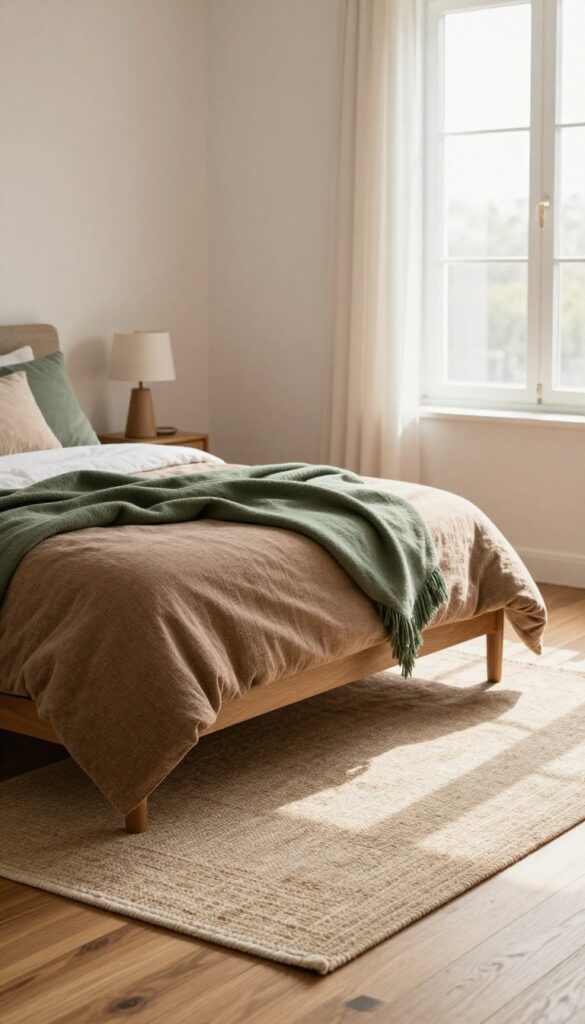 Earthy bedroom with layered brown jute and patterned wool rugs on hardwood floor, wooden bed legs anchored on the rugs, and green accent pillows and throw adding balance