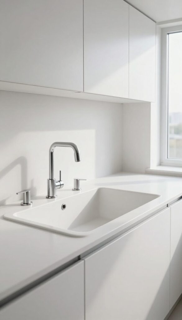 Seamless white integrated kitchen sink flowing into a matching countertop with a minimalist faucet in a bright modern kitchen