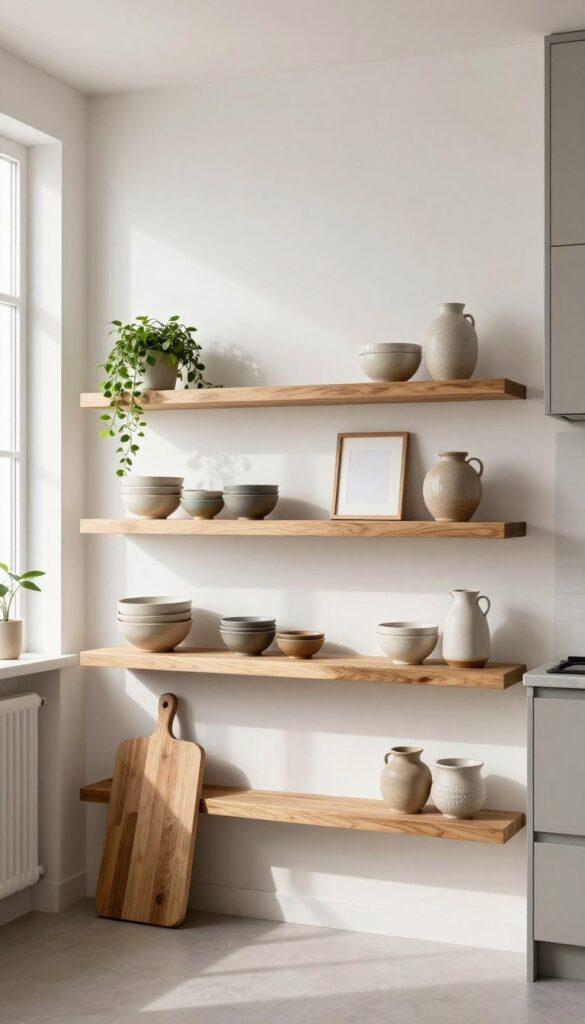 Three long chunky floating wood shelves styled like a mini gallery on a bright kitchen wall with ceramic bowls, a cutting board, a small blank framed print, and a trailing plant in natural light.