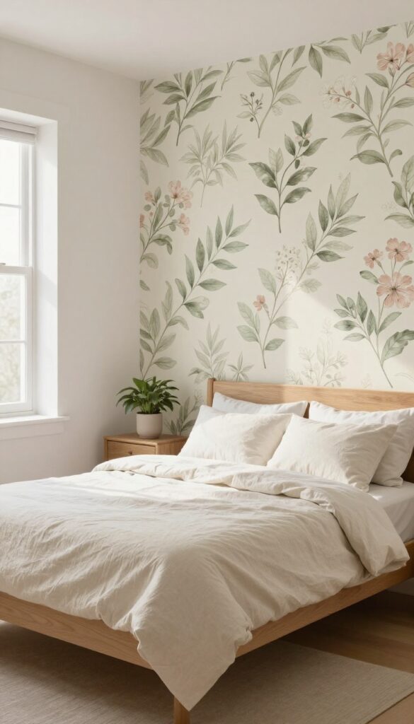 Bright bedroom with a soft sage and dusty pink floral accent wall behind a simple wooden bed with cream linen bedding in natural light.
