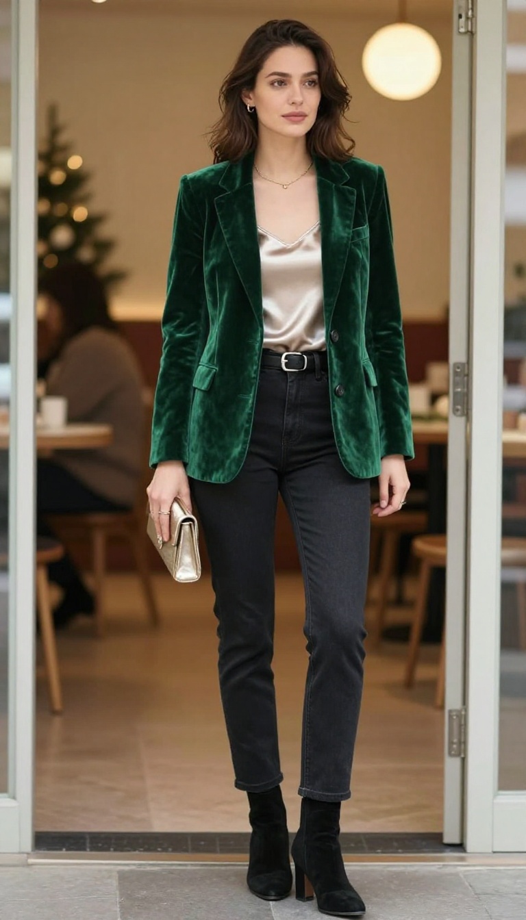 11. Velvet Blazer and Straight Leg Jeans for Evening