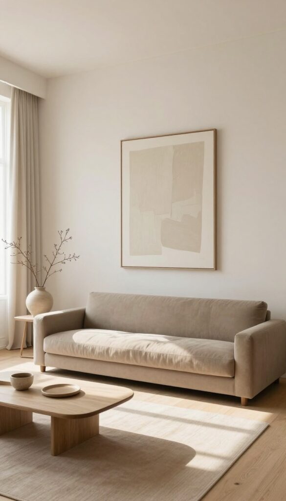 Elegant living room with a taupe sofa styled minimally with negative space, large ceramic vase, and abstract wall art in bright natural light