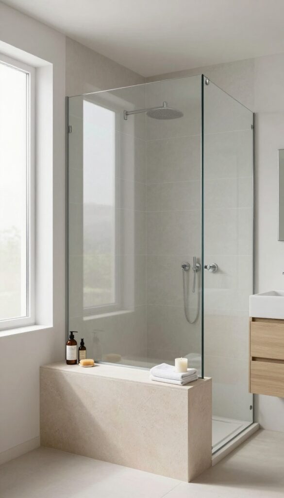 A modern bathroom with a half wall shower divider topped by a wide tiled ledge holding bath products on the shower side and a folded towel and candle on the outer side, illuminated by bright natural light.