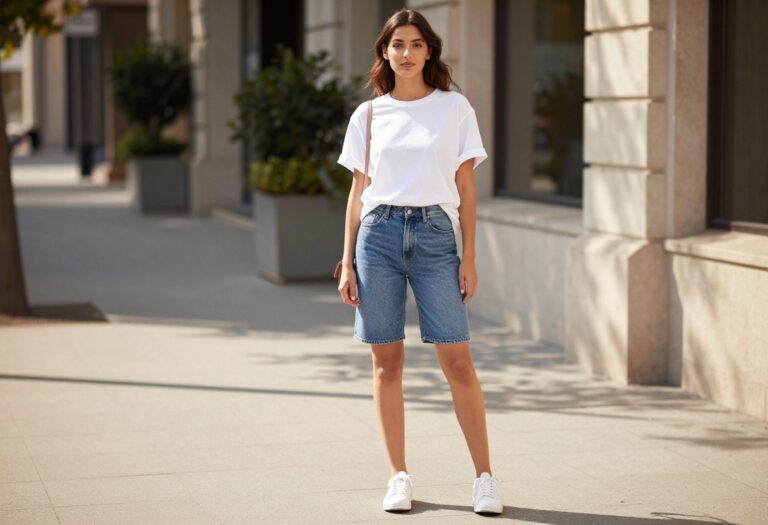 Woman wearing denim shorts and an oversized white t-shirt styled with white sneakers and a crossbody bag in bright summer light