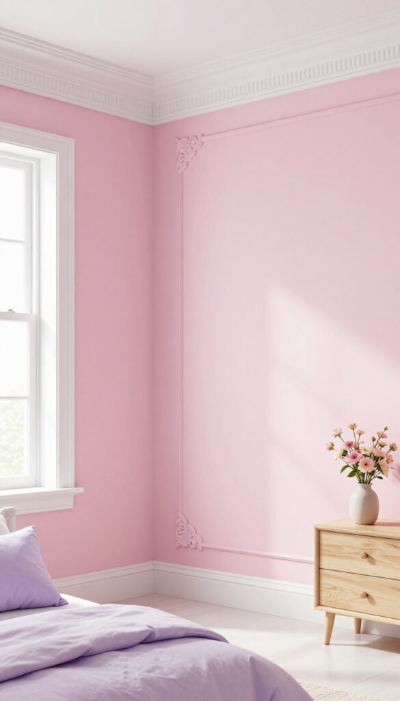 Bright pastel pink kids bedroom with white crown molding and decorative wall trim, styled with a lavender bed and fresh flowers in natural light.