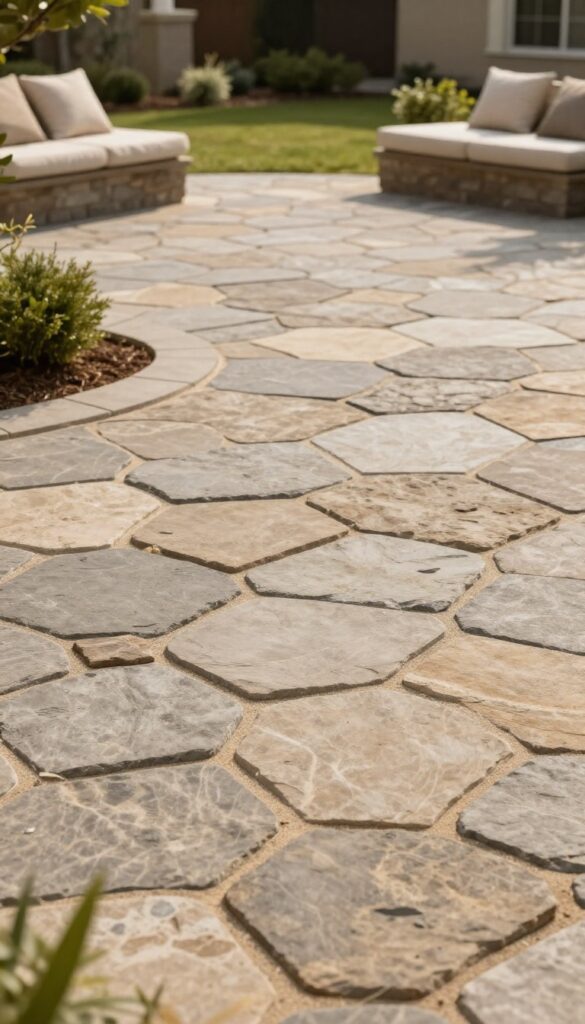 Organic-shaped flagstone patio with irregular natural stones and low-profile neutral furniture in a bright front yard
