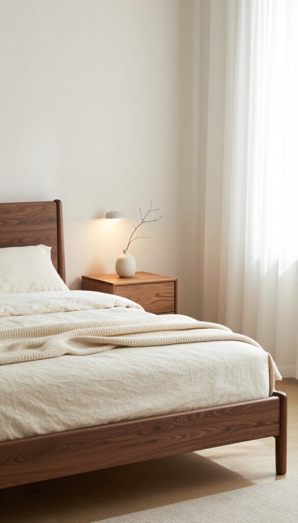 Cozy bedroom with a dark walnut wood bed frame, light cream linen bedding, a knit throw, and bright natural light against a pale wall.