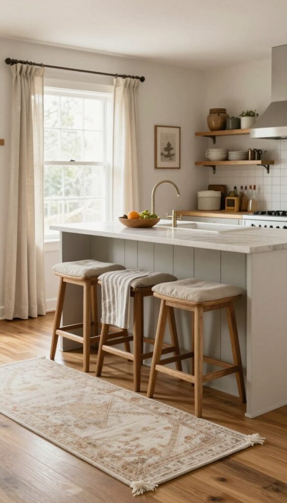 Cozy farmhouse kitchen with a faded patterned runner rug, linen cafe curtains, striped dish towels, and cushioned bar stools in bright natural light