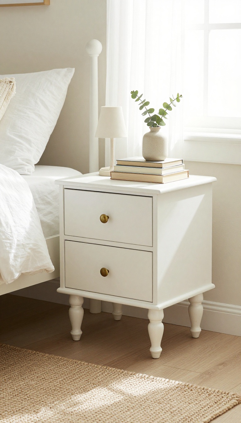 Budget-friendly vintage wood nightstand painted warm white with brass knobs styled beside a bed in a bright neutral bedroom