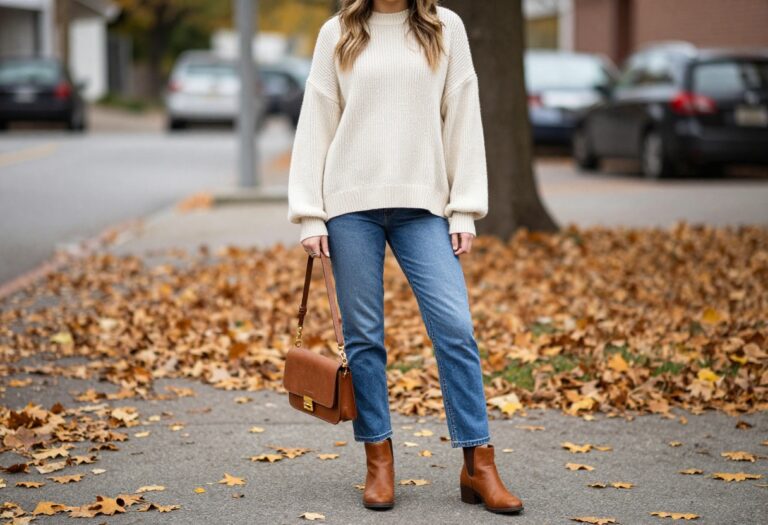 Woman wearing DTI jeans and cozy fall outfit standing on an autumn street