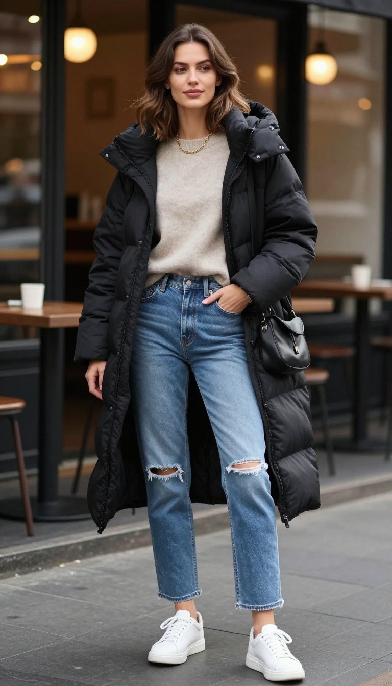 10. Distressed Jeans + Cashmere Crewneck + Puffer Coat + Chunky Sneakers