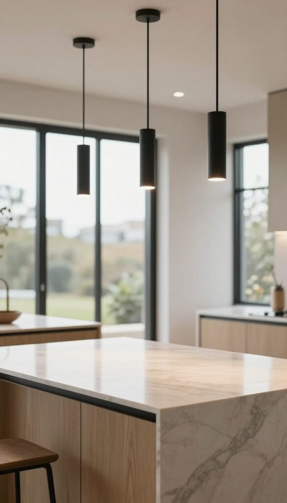 Modern kitchen island illuminated by three sleek cylindrical pendant lights in a bright luxury kitchen