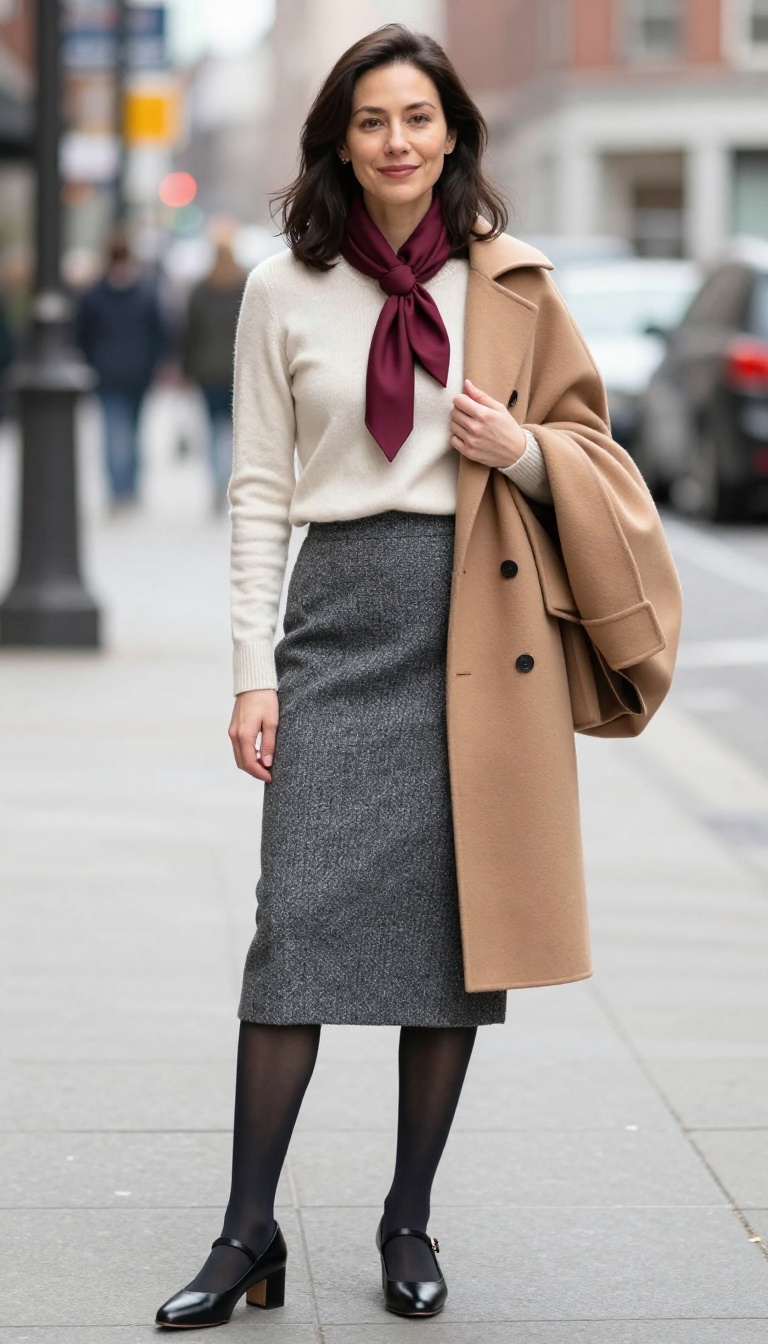 14. Tweed Midi Skirt with a Silk Scarf and Mary Janes