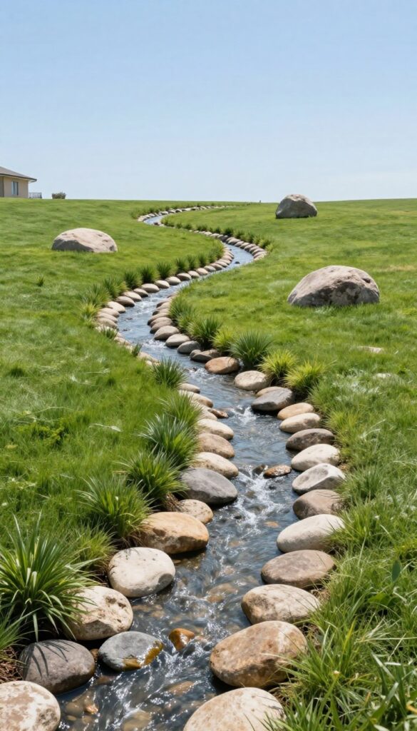 Curved dry river bed of smooth river rocks winding through a bright green front lawn with ornamental grasses and boulders under natural sunlight.