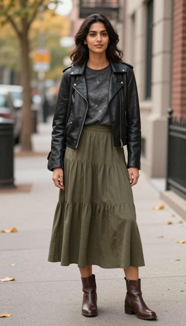 10. Tiered Midi Skirt with a Graphic Tee and Moto Jacket