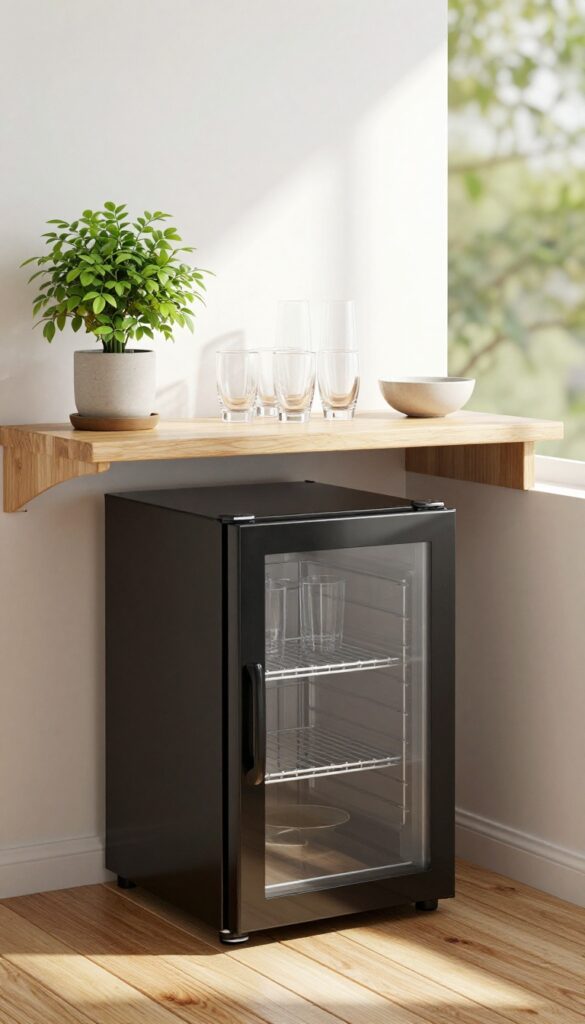 Compact mini fridge beverage station on a bright urban balcony with a shelf of glasses and a potted plant