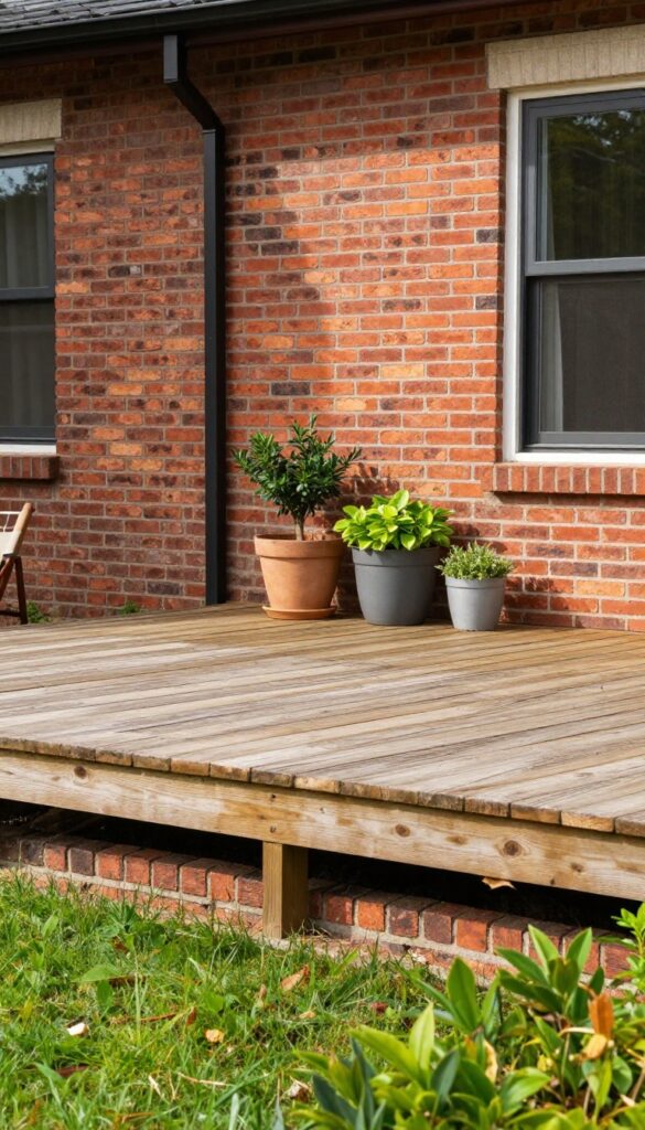 Wooden deck with red brick skirting matching a traditional brick home, styled with potted plants and outdoor furniture in bright natural light