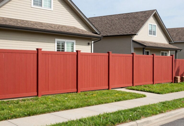 Classic full-height solid red brick fence with concrete cap bordering a bright manicured front yard and walkway leading to a house