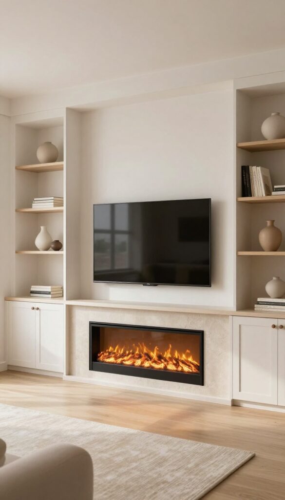 Bright living room with a flat-screen TV mounted above a low-profile electric fireplace, flanked by symmetrical built-in shelves and cabinets in a neutral stone surround.