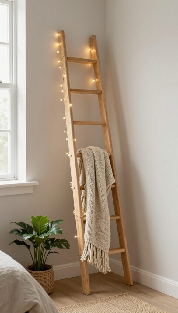 Cozy small bedroom corner with a natural wood decorative ladder wrapped in warm fairy lights, holding folded blankets and a scarf in bright natural light