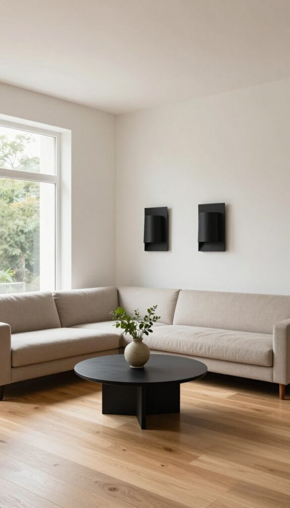 Modern small living room with matte black wall-mounted sconces flanking a neutral sofa, clear floor space, and bright natural light