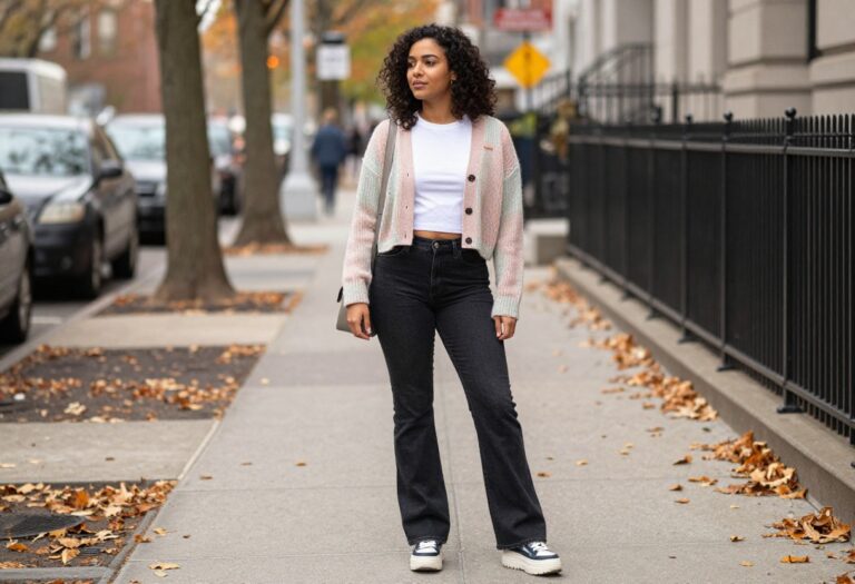 Woman wearing a Y2K fall outfit with low-rise flared jeans, cropped cardigan, and platform sneakers.