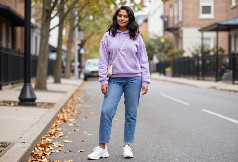 Woman wearing a lavender velour hoodie and straight-leg jeans with chunky sneakers, standing on a fall street.