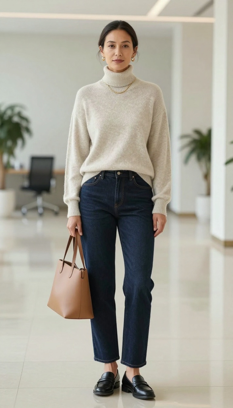 1. Dark Wash Straight-Leg Jeans with a Cashmere Turtleneck