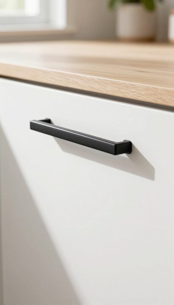 Close-up of a slim matte black bar pull handle on a white modern kitchen cabinet door in bright natural light