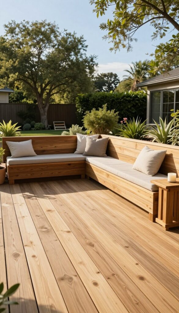 Custom built-in wooden bench seating along the corner of a sunlit backyard deck with neutral cushions and potted plants, creating an inviting outdoor conversation area.