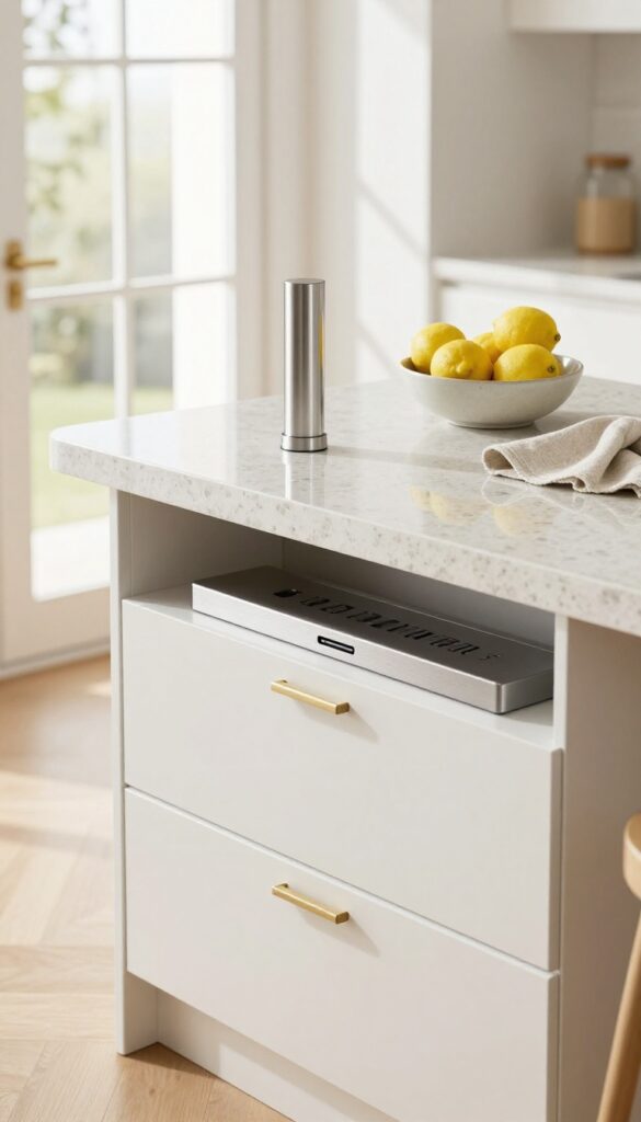 Bright modern kitchen island with a pop-up power outlet raised from the quartz countertop, an under-counter outlet hidden below the overhang, and a built-in USB charging drawer, styled with a bowl of lemons in a clean airy kitchen.