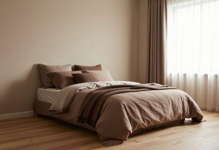 Cozy brown bedroom with layered taupe, mocha, and chocolate bedding in soft natural light
