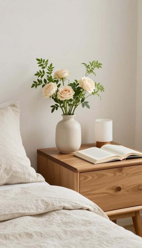 Small fresh floral arrangement in a simple vase on a bright bedroom nightstand beside linen bedding, adding soft organic texture to a calm neutral space.
