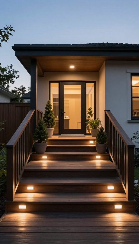 Modern front entrance deck with warm LED step lights glowing along wooden stairs and railing cap lights at dusk