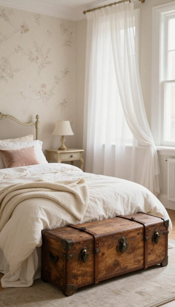 Vintage wooden trunk with leather straps and metal details at the foot of a bed in a bright princess aesthetic bedroom, topped with a folded throw and cushion