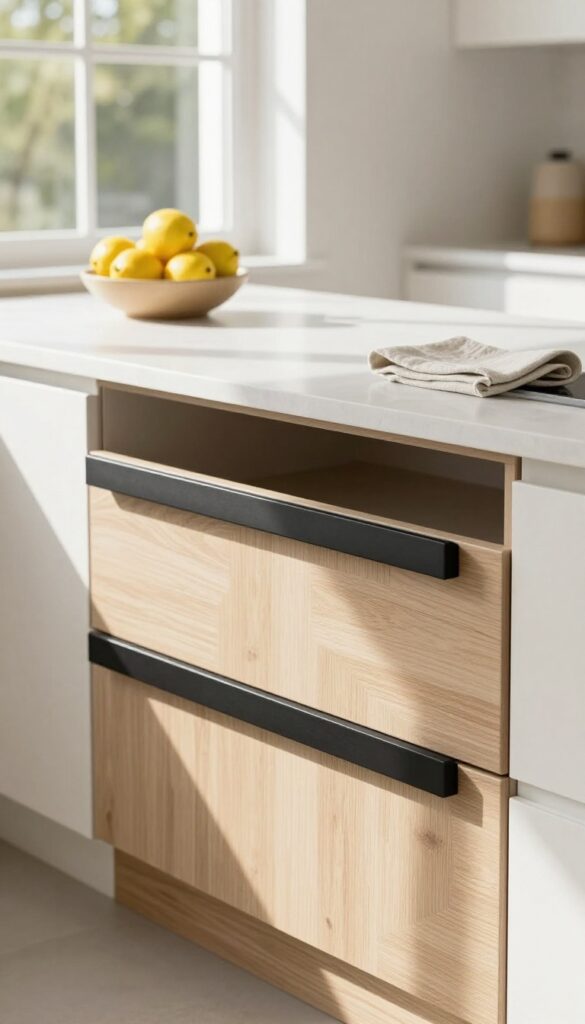 Bright modern kitchen with oversized matte black cabinet pulls on large drawers and pantry doors, styled with lemons and a linen towel in natural light