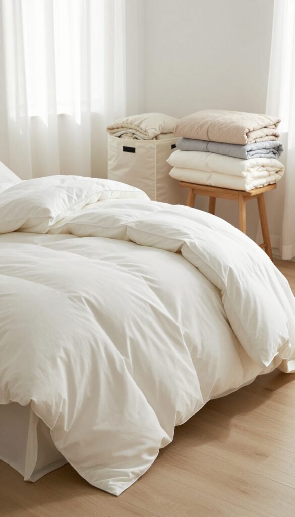 Cozy bedroom with a neatly layered white comforter, folded seasonal blankets, and breathable storage bags in bright natural light