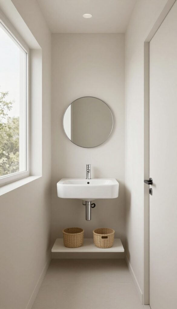 Bright narrow hallway bathroom with a space-saving corner sink, slim wall-mounted faucet, small angled mirror, and a triangular floating shelf with woven baskets beneath, leaving an open walking path
